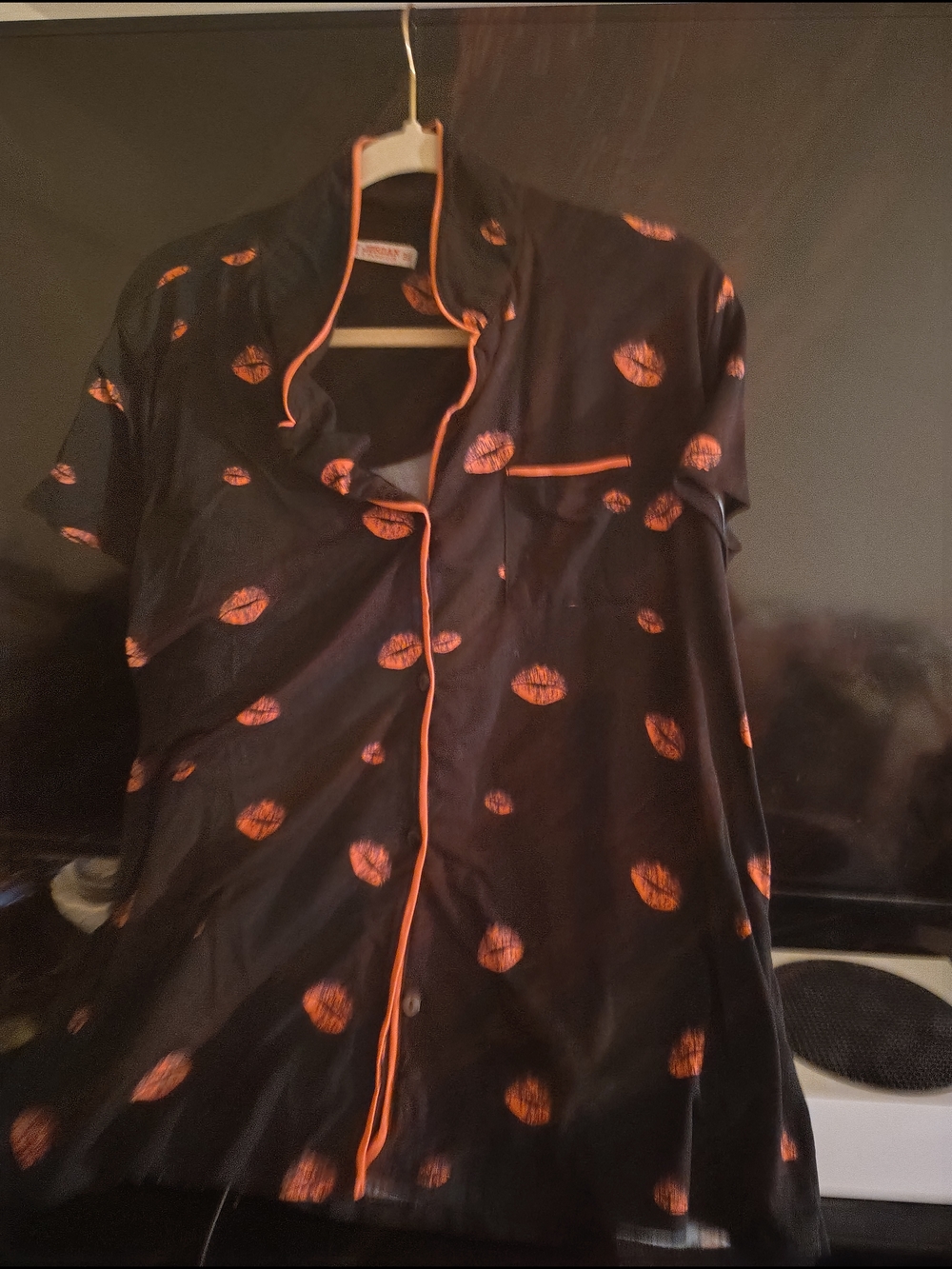 Black Short-Sleeve Shirt with Orange Lip Print